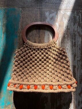 Handwoven Macramé Bag with Wooden Handles in Tan and Orange